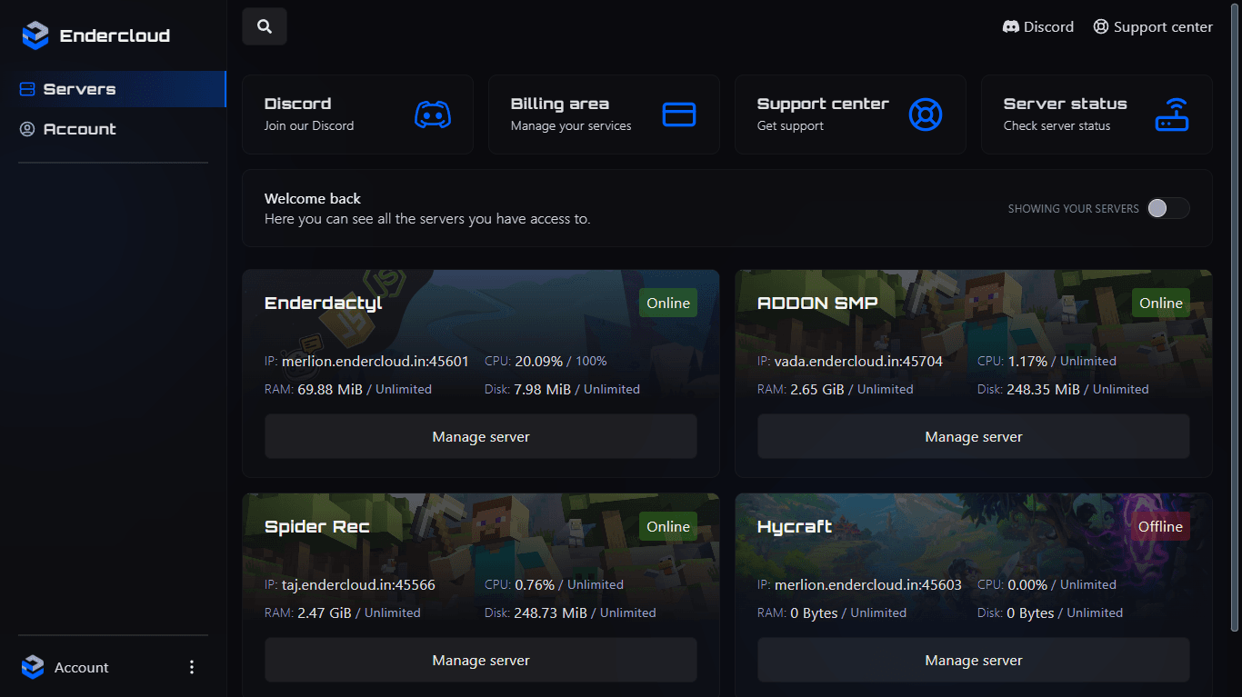 Endercloud | Minecraft Hosting | VPS Hosting | Bot Hosting